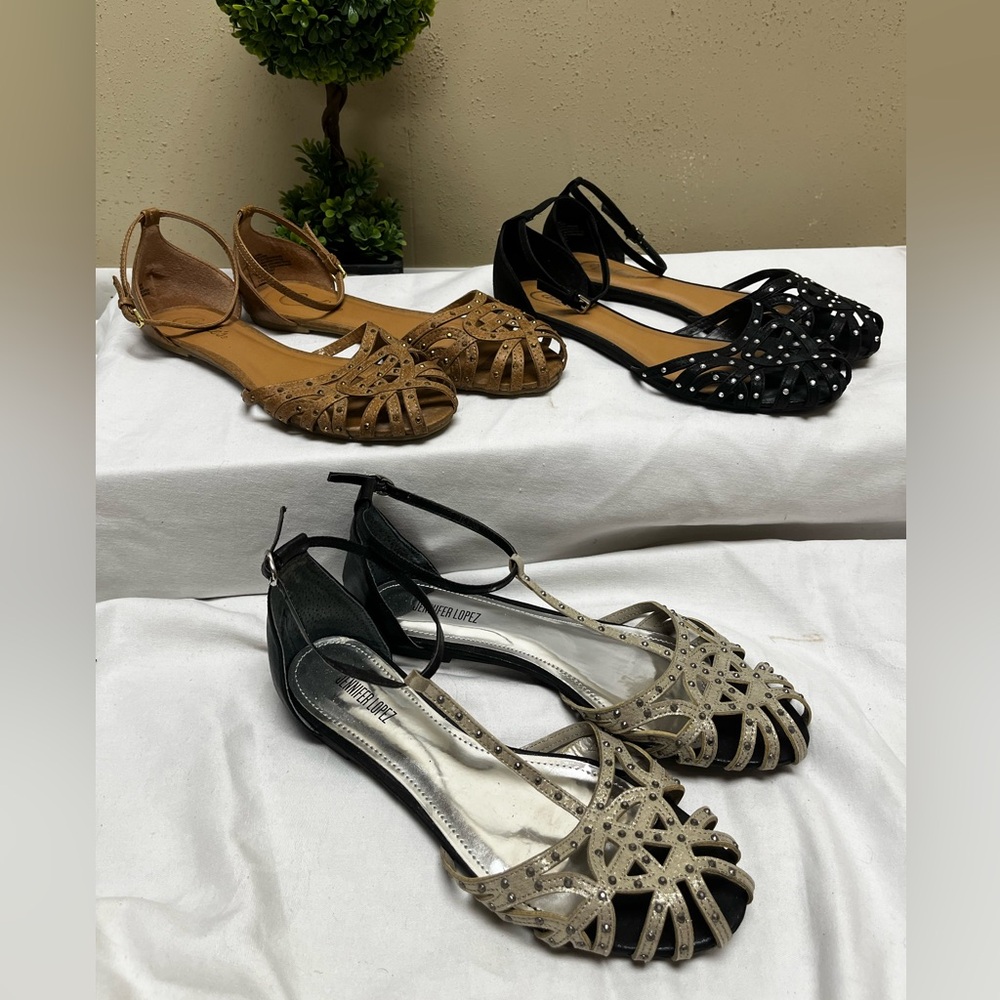 3 pairs of buckle strap flats shoes(black/tan/gray)